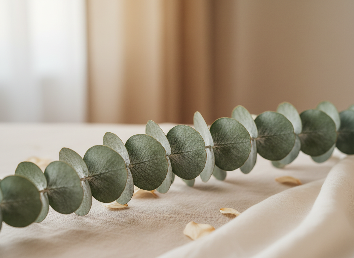 Eucalyptus stems and leaves arranged elegantly against a soft warm neutral background — spa-like and serene